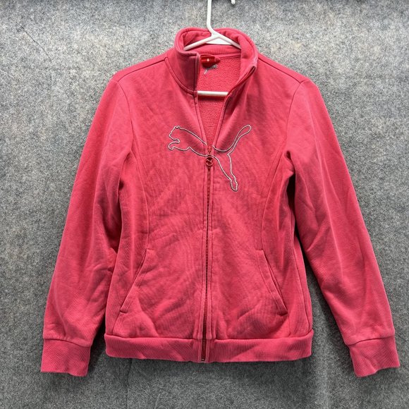 Puma Sweater Women Extra Small Ladies Pink Full Zip Big Logo Sweatshirt Fleece - Picture 1 of 12